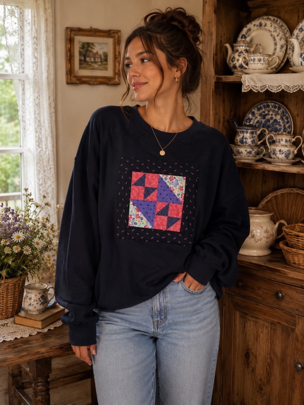 Quilt Crewneck Sweater - Vintage Patchwork Sweatshirt - Purple Pink